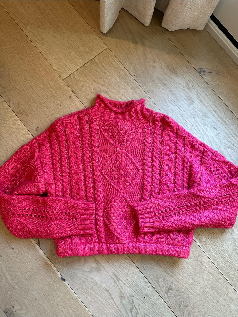 NWT Sanctuary by Anthropology Crop Hot Pink Cable Knit Mock Neck Sweater